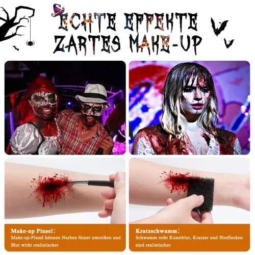 FURTIME Halloween Sangue Finto, 60ml Sangue Artificiale Fresco, 60ml Sangue Finto Rosso Scuro, Denti da Zombi, 30 Tatuaggi Temporanei per Cicatrici, Trucco per Cicatrici da Vampiro di Halloween
