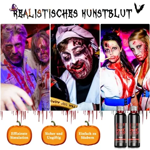 FURTIME Halloween Sangue Finto, 60ml Sangue Artificiale Fresco, 60ml Sangue Finto Rosso Scuro, Denti da Zombi, 30 Tatuaggi Temporanei per Cicatrici, Trucco per Cicatrici da Vampiro di Halloween