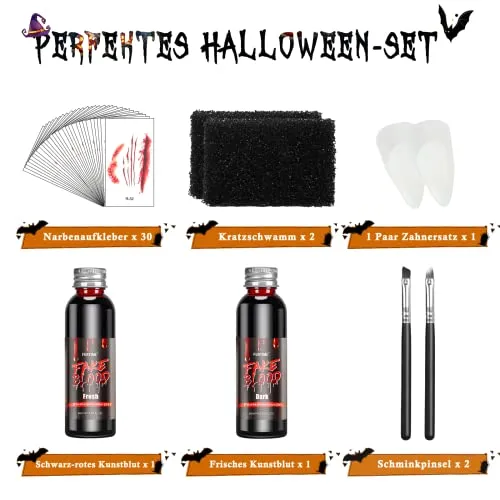 FURTIME Halloween Sangue Finto, 60ml Sangue Artificiale Fresco, 60ml Sangue Finto Rosso Scuro, Denti da Zombi, 30 Tatuaggi Temporanei per Cicatrici, Trucco per Cicatrici da Vampiro di Halloween