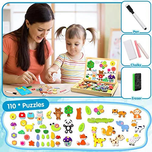 Jojoin 110 PCS Puzzle Magnetico Legno - Lavagna Animali Giocattolo per Bambini - Giochi Montessori - Educativi Puzzle Regalo Bambini Bambino 2 3 Anni
