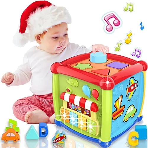 AMLGBTOP Giochi Bambini per 1 Anno 6 in 1 Educativi Cubo Montessori Giochi 1 Anno Multiattività Motor Centri Pianoforte Luce Musica Giochi Bambini 12 18 Mesi Natale Regalo Bambini 1 2 Anni