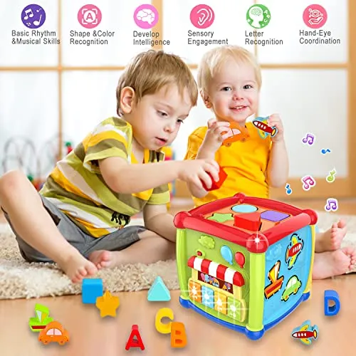 AMLGBTOP Giochi Bambini per 1 Anno 6 in 1 Educativi Cubo Montessori Giochi 1 Anno Multiattività Motor Centri Pianoforte Luce Musica Giochi Bambini 12 18 Mesi Natale Regalo Bambini 1 2 Anni