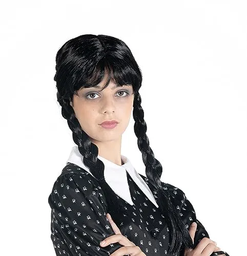 Ciao- Parrucca mercoledì Addams Originale Wednesday con trecce e frangetta, Colore Nero, Taglia Unica, 31431