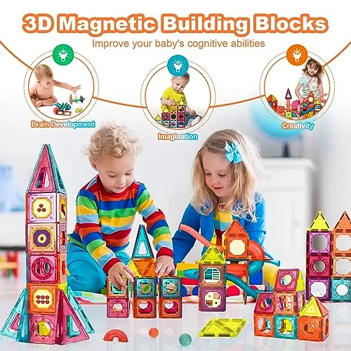 Beeyouk Giocattoli di Costruzioni Magnetici, 107 Pezzi Set di Costruzione,Regalo di Giochi di Costruzione Magnetici 3D a Tubi per Bambini di 3 4 5 6 7 8