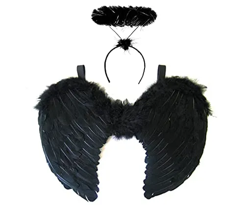 Redstar Fancy Dress Ali Angelo e Aureola Angelo Neri - Costume Angelo Donna con Ali e Cerchietto Nero, Costume Halloween Donna Angelo Nero, Costume per Adulti Angelo Caduto
