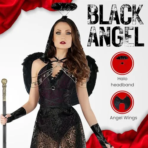 Redstar Fancy Dress Ali Angelo e Aureola Angelo Neri - Costume Angelo Donna con Ali e Cerchietto Nero, Costume Halloween Donna Angelo Nero, Costume per Adulti Angelo Caduto