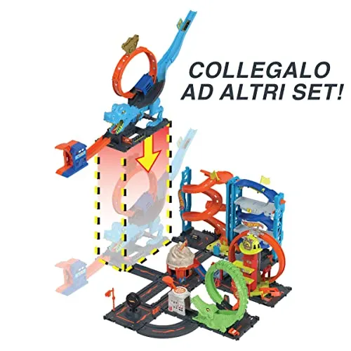 Hot Wheels - Hot Wheels City Pista con 1 macchinina, sfreccia attraverso un loop gigante per sconfiggere il mega dinosauro, acrobatica da corsa con T-Rex, giocattolo per bambini 4+ Anni, HNP77