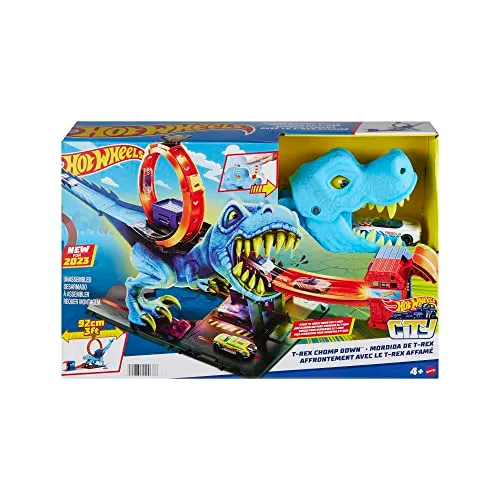 Hot Wheels - Hot Wheels City Pista con 1 macchinina, sfreccia attraverso un loop gigante per sconfiggere il mega dinosauro, acrobatica da corsa con T-Rex, giocattolo per bambini 4+ Anni, HNP77