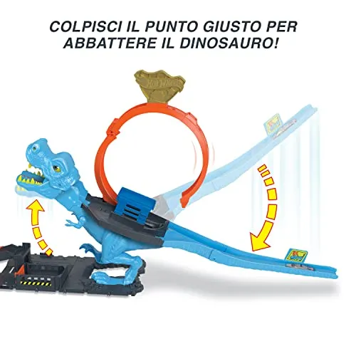 Hot Wheels - Hot Wheels City Pista con 1 macchinina, sfreccia attraverso un loop gigante per sconfiggere il mega dinosauro, acrobatica da corsa con T-Rex, giocattolo per bambini 4+ Anni, HNP77