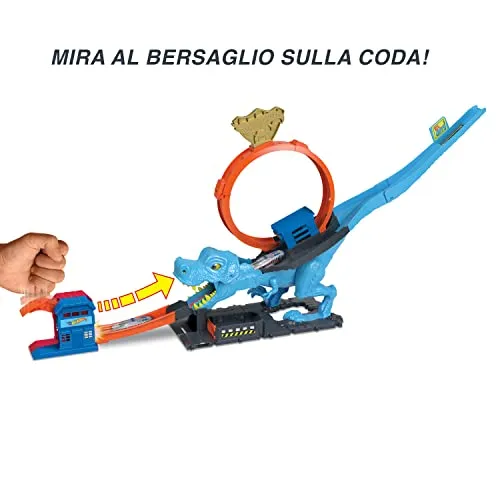 Hot Wheels - Hot Wheels City Pista con 1 macchinina, sfreccia attraverso un loop gigante per sconfiggere il mega dinosauro, acrobatica da corsa con T-Rex, giocattolo per bambini 4+ Anni, HNP77
