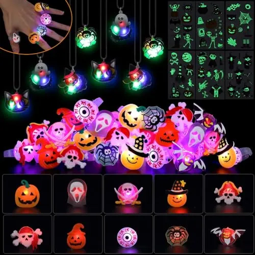HAUSPROFI Anelli Luminosi a LED per Bambini di Halloween, 54 Pezzi LED Glow Party Light Up Toys - Collana ad Anello Lampeggiante Tatuaggi temporanei per Halloween Party Supply Borse Filler
