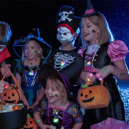 HAUSPROFI Anelli Luminosi a LED per Bambini di Halloween, 54 Pezzi LED Glow Party Light Up Toys - Collana ad Anello Lampeggiante Tatuaggi temporanei per Halloween Party Supply Borse Filler