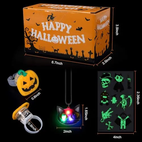 HAUSPROFI Anelli Luminosi a LED per Bambini di Halloween, 54 Pezzi LED Glow Party Light Up Toys - Collana ad Anello Lampeggiante Tatuaggi temporanei per Halloween Party Supply Borse Filler