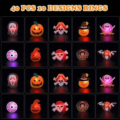 HAUSPROFI Anelli Luminosi a LED per Bambini di Halloween, 54 Pezzi LED Glow Party Light Up Toys - Collana ad Anello Lampeggiante Tatuaggi temporanei per Halloween Party Supply Borse Filler