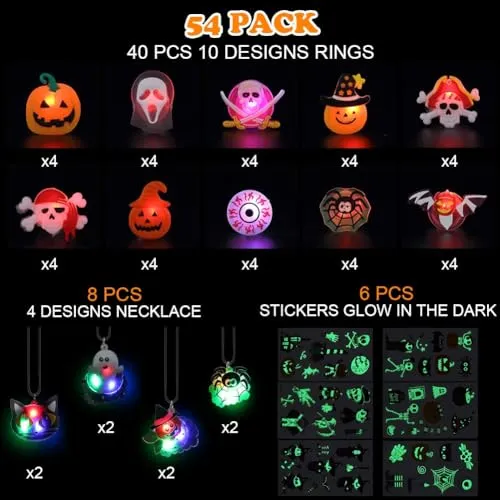 HAUSPROFI Anelli Luminosi a LED per Bambini di Halloween, 54 Pezzi LED Glow Party Light Up Toys - Collana ad Anello Lampeggiante Tatuaggi temporanei per Halloween Party Supply Borse Filler