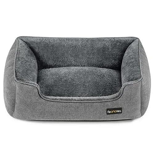 FEANDREA Cuccia per Cani, Lettino per Animali in Simil Lino, Bordi Rialzati, Fondo Antiscivolo, Copertura Sfoderabile per Lavaggio, Taglia L per Cane Medio, 90 x 75 x 25 cm, Grigio Chiaro PGW11GG