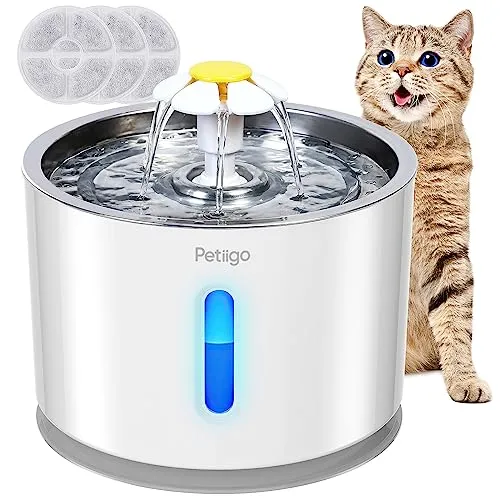 Petiigo Fontanella per Gatti 2.4L, Silenziosa Fontana per gatti con Acciaio Inox Piatto Superiore, 3 Modes Automatico Dispenser Acqua Gatti Luce Notturna e 3 Filtri di Carbonio Attivati