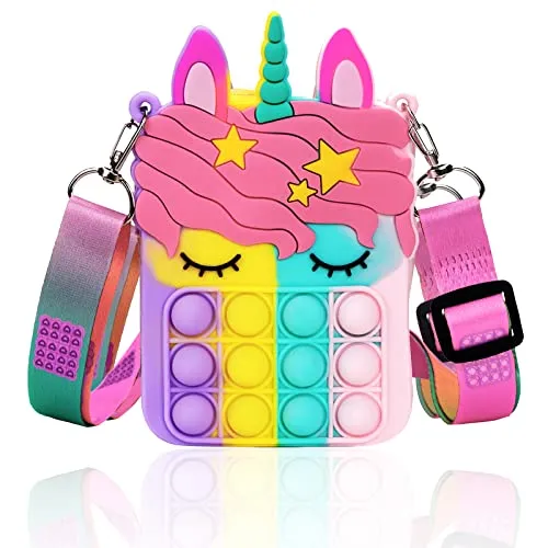 Pop Bubble Push It unicorno Borsa a Tracolla, Borsa per Giocattoli Sensoriali Fidget, Antistress Fidget Toys Silicone Borsa Multicolor, Regalo per Bambini e Adulti