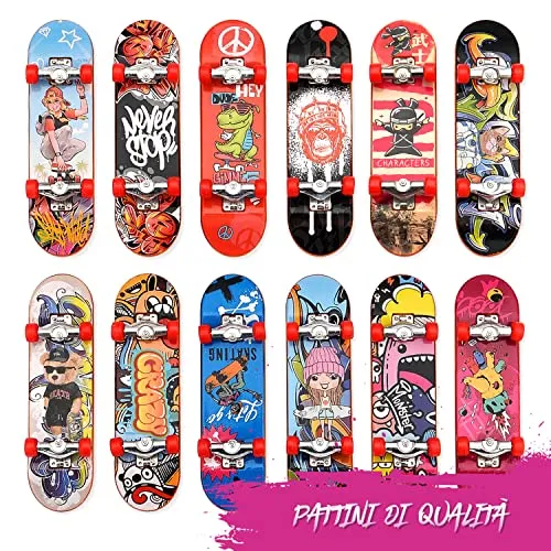 Magicat 12 skateboard da dito I Giochi di dita per ragazzi e ragazze I Mini giocattolo per bambini di compleanno, regali di natale e pasqua I Finger board con diversi disegni