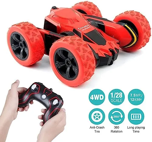 Macchina Telecomandata, 4WD RC Auto Telecomando 360° Rotazione Acrobatica RC Stunt Car Telecomandate 1:28 / 2.4GHZ Macchina Radiocomandata per Bambini Giocattoli Regalo- Rosso (Batteria Non Inclusa)