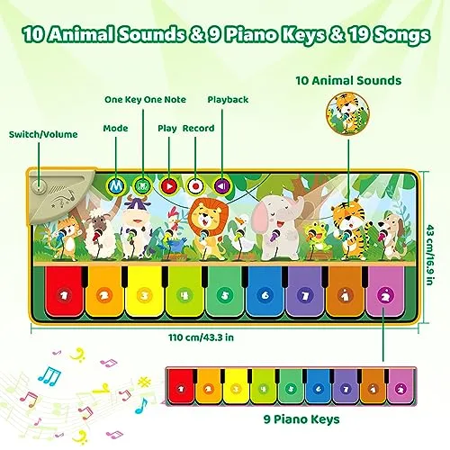 Tappetino Musicale per Bambini,Tappetino per Pianoforte,Tappetino da Ballo per Bambini con10 animali,Tappetino Musicale per Bambini,Regali Compleanno per Ragazzi Ragazze 1 2 3 4 5 6 Regalo Natale