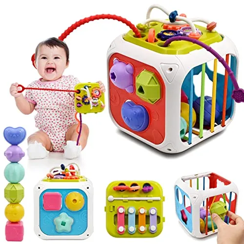 Giochi Bambini 1 2 Anno, 7 in 1 Montessori Sensoriali Giocattoli 6 9 18 Mesi Educativi Cubo di Attività Selezionatore di Forme, Motor Skill Development Compleanno Regalo