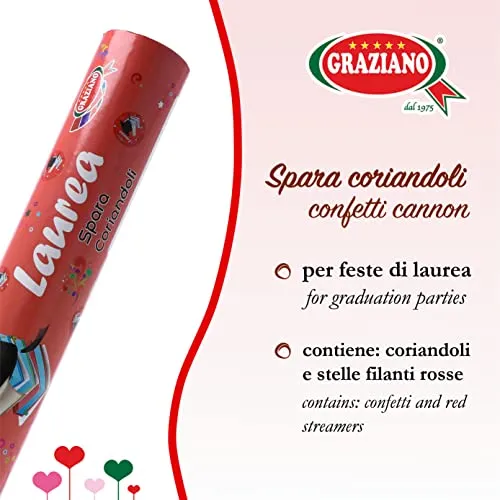 Graziano, Tubo Spara Coriandoli ad Aria Compressa, Ideali per Feste di Compleanno o per Festeggiare una Laurea, Contiene Stelle Filanti Rosse