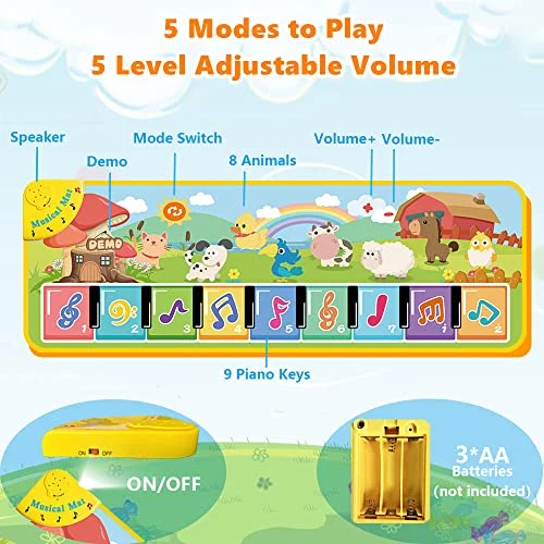 Lobyoh Tappeto Musicale per Bambini con 8 Animali, Piano Regalo di Compleanno, da Danza, Tappetino per Pianoforte, Giocattolo