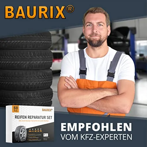 BAURIX® Premium Kit Riparazione Pneumatici Auto [68 Pezzi] - Kit Riparazione Pneumatici Moto - Kit ripara gomme Auto Senza Dover Cambiare Gli Pneumatici - Kit per Riparazione Pneumatici tubeless