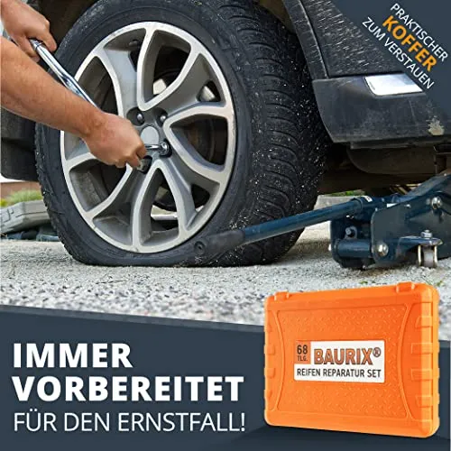 BAURIX® Premium Kit Riparazione Pneumatici Auto [68 Pezzi] - Kit Riparazione Pneumatici Moto - Kit ripara gomme Auto Senza Dover Cambiare Gli Pneumatici - Kit per Riparazione Pneumatici tubeless