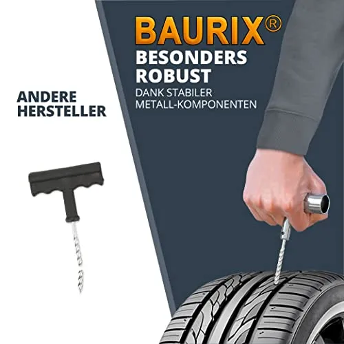 BAURIX® Premium Kit Riparazione Pneumatici Auto [68 Pezzi] - Kit Riparazione Pneumatici Moto - Kit ripara gomme Auto Senza Dover Cambiare Gli Pneumatici - Kit per Riparazione Pneumatici tubeless