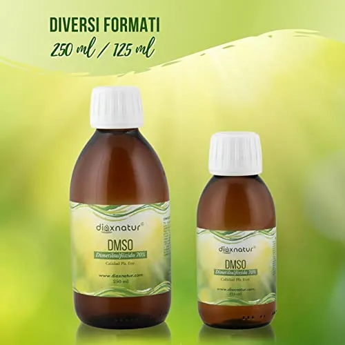 DIOXNATUR® DMSO 70% (250ml) Dimetilsolfossido Purezza Grado Farmaceutico Ph. Eur. Bottiglia di vetro ambra con contagocce