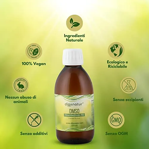 DIOXNATUR® DMSO 70% (250ml) Dimetilsolfossido Purezza Grado Farmaceutico Ph. Eur. Bottiglia di vetro ambra con contagocce