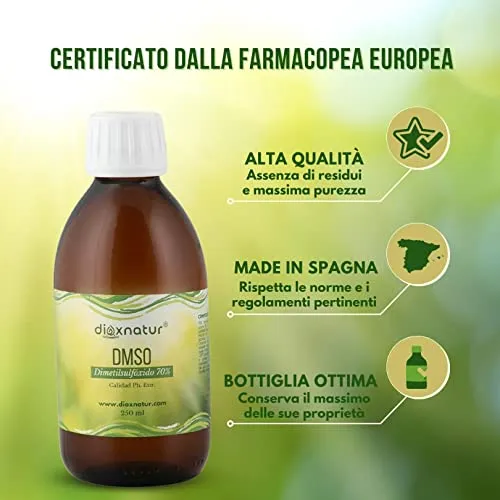 DIOXNATUR® DMSO 70% (250ml) Dimetilsolfossido Purezza Grado Farmaceutico Ph. Eur. Bottiglia di vetro ambra con contagocce