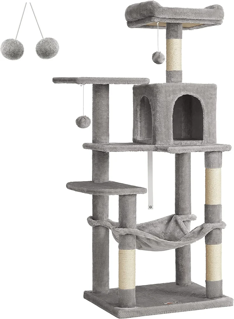 FEANDREA Albero per Gatti, Cuccia con Amaca, 143 cm, Grigio Chiaro PCT161W01