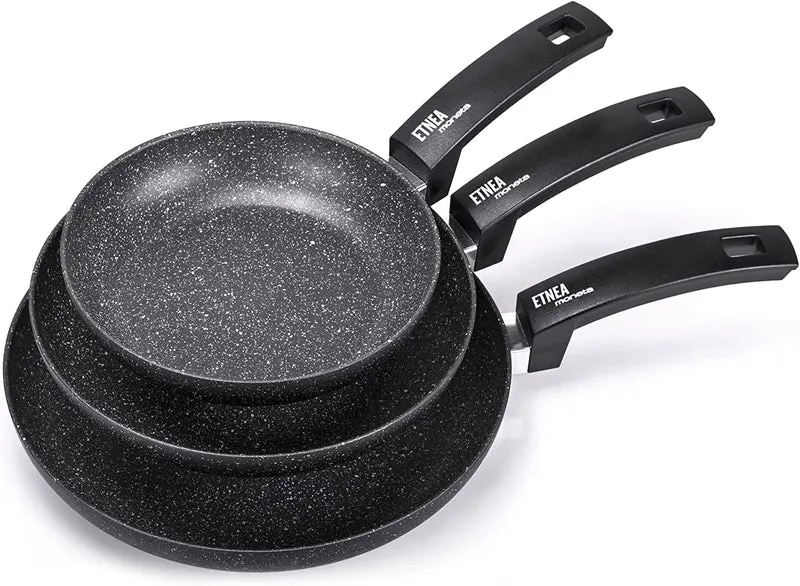 Moneta Etnea Set 3 Padelle antiaderenti, Alluminio, Nero, 20 - 24 - 28 cm, Made in Italy