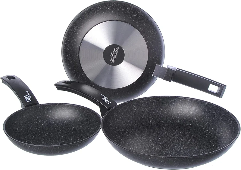 Moneta Etnea Set 3 Padelle antiaderenti, Alluminio, Nero, 20 - 24 - 28 cm, Made in Italy