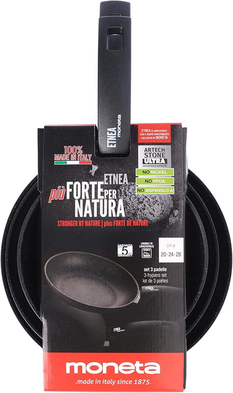 Moneta Etnea Set 3 Padelle antiaderenti, Alluminio, Nero, 20 - 24 - 28 cm, Made in Italy