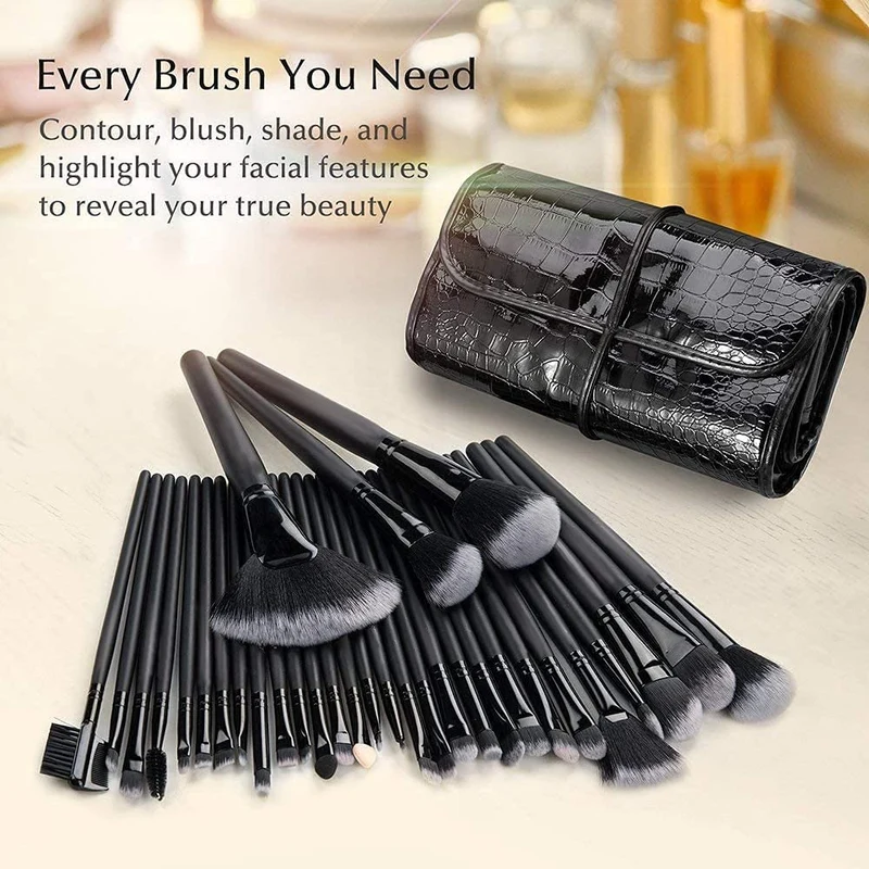 Set di pennelli da trucco, 32 pennelli professionali sintetici per trucco con custodia da viaggio (nero), eyeliner per ombretto, fondotinta, cipria per labbra e liquido per miscelare la crema