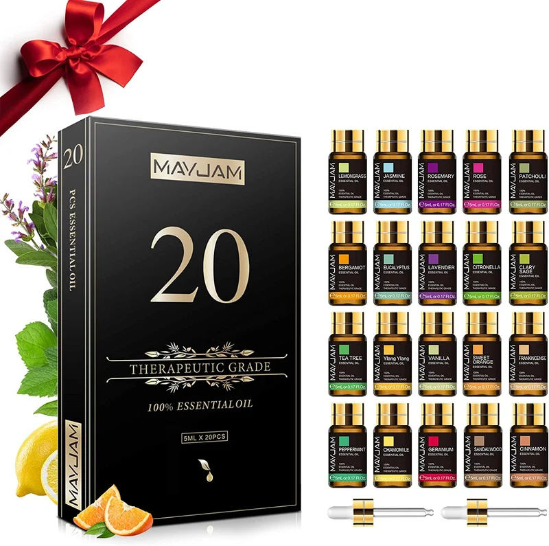 MAYJAM Set di Oli Essenziali 20 Pezzi, 100% Puro Gelsomino Lavanda Eucalipto Vaniglia Mastice Menta Legno di sandalo Ylang Rosa Bergamotto Tea Tree Cannella Geranio Patchouli Citronella e Altro