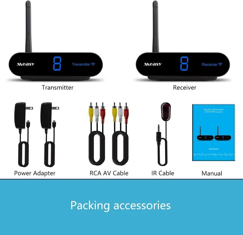 measy wireless av sender 8 canali audio video trasmettitore e ricevitore rca per lo streaming di audio video da satellite, dvd, lettori ect alla TV (AV24)