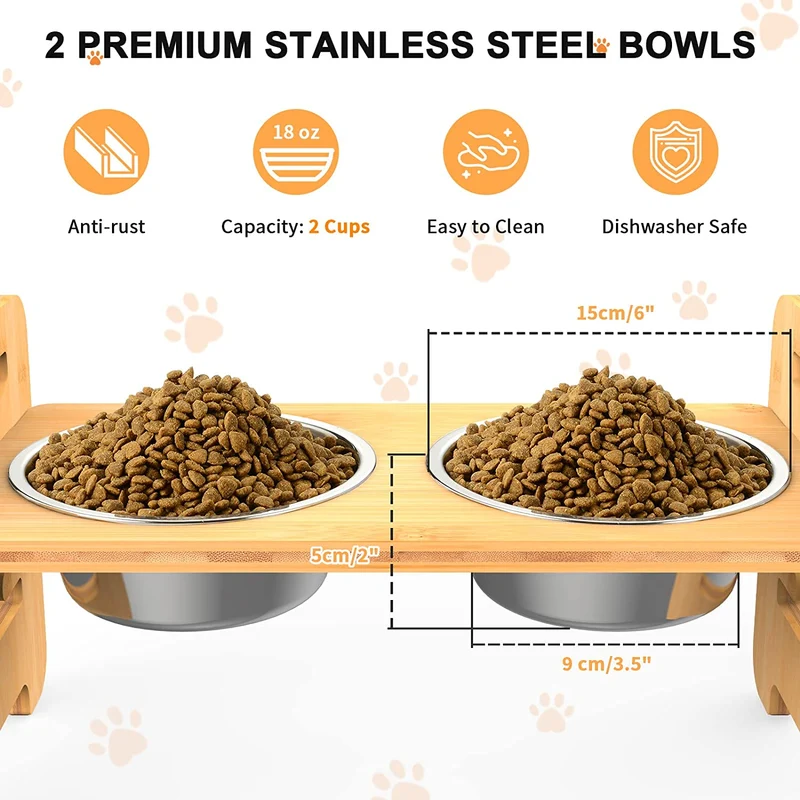 Vanbing Ciotole per Cani Rialzate, Porta Ciotole per Gatti Altezza Regolabile di bambù, Supporto Rialzato per Ciotole con 2 Ciotole in Acciaio inox e Piedini Antiscivolo