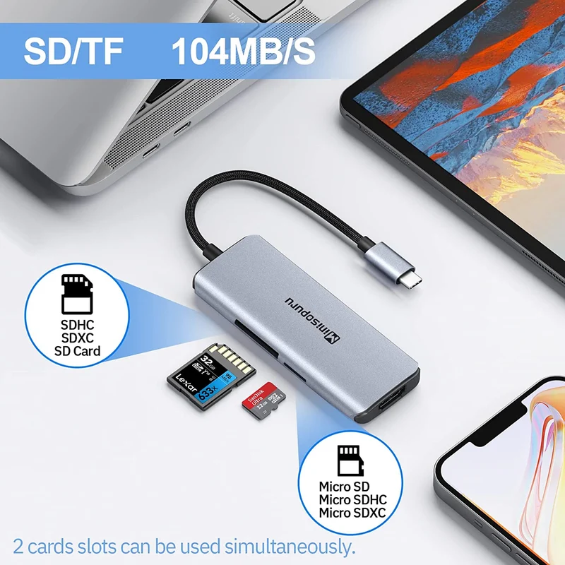 Adattatore HDMI con hub USB C 7 in 1, da tipo C a hub HDMI con HDMI 4K, porta di ricarica USB 3.0, 100 W, SD/TF, superficie, iPad e altri dispositivi di tipo C (grigio argento)