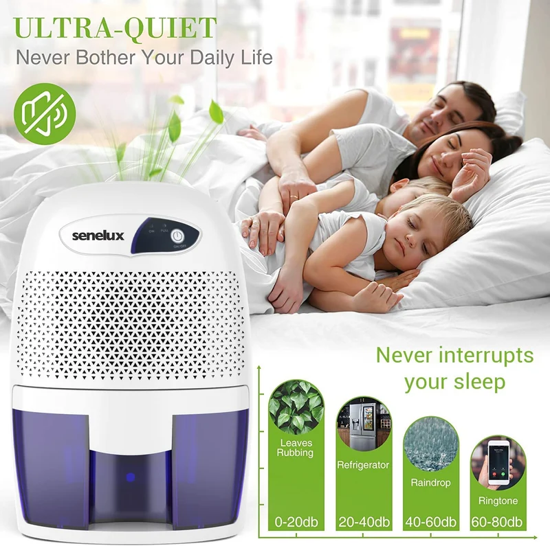 Senelux Potente mini deumidificatore portatile da 500 ml, ideale per ambienti piccoli, bagno, seminterrato, casa, camera da letto