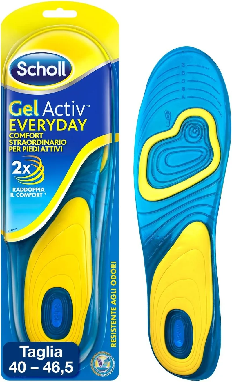 Scholl Solette Gel Activ Everyday, Solette per Scarpe ad Uso Quotidiano per Uomo con Tecnologia Antiodore, Azione Anti Urti e Ammortizzante, Misura 40-46.5 EU, Confezione da 1 Paio
