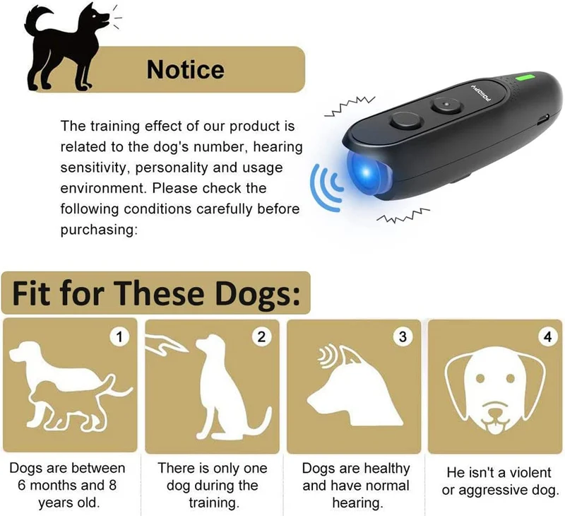 POIIOPY Antiabbaio Ultrasuoni per Cani, Dispositivo di Controllo dell'abbaio a ultrasuoni a frequenza variabile, Ricarica USB 2 in 1 per Il Controllo dell'abbaio, Nessuna Scossa elettrica