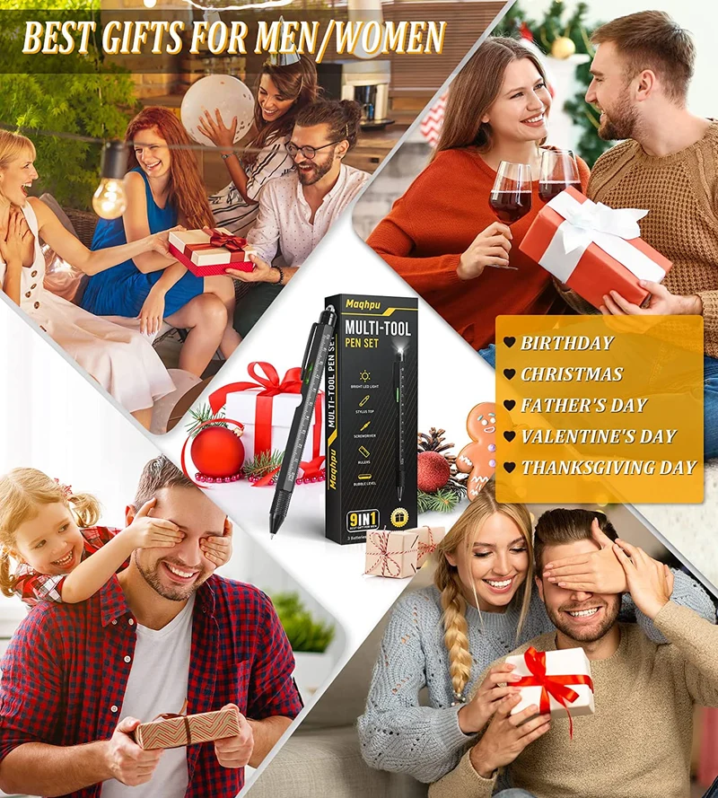 Maqhpu Regalo Uomo, Regali Natale Uomo, Penna Regalo Multifunzione 9 in 1, Regali Natale Originali, Gadget Utili Idee Regalo Natale Uomo, Regali di Natale per Lui/Papà, Regalo Uomo Compleanno