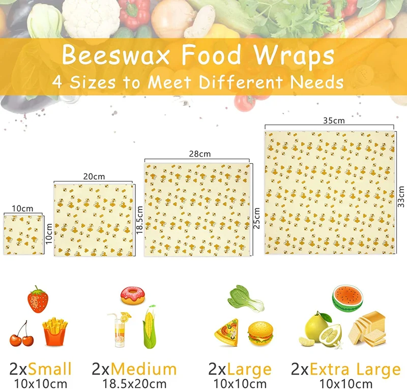 BEYAOBN 8PCS Involucri di Cera d'api,Beeswax Wraps, sostenibile, zero rifiuti, Impacchi di Cotone Biologico e stoccaggio Alimenti Variety Pack Formaggi, Frutta, Verdure