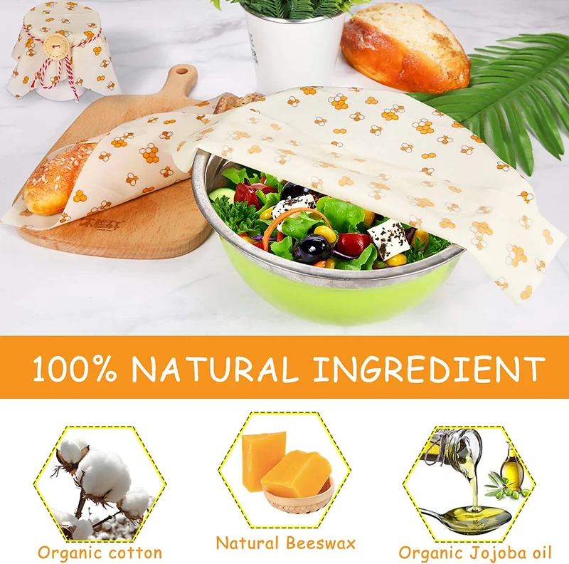 BEYAOBN 8PCS Involucri di Cera d'api,Beeswax Wraps, sostenibile, zero rifiuti, Impacchi di Cotone Biologico e stoccaggio Alimenti Variety Pack Formaggi, Frutta, Verdure