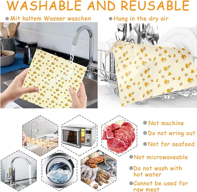 BEYAOBN 8PCS Involucri di Cera d'api,Beeswax Wraps, sostenibile, zero rifiuti, Impacchi di Cotone Biologico e stoccaggio Alimenti Variety Pack Formaggi, Frutta, Verdure